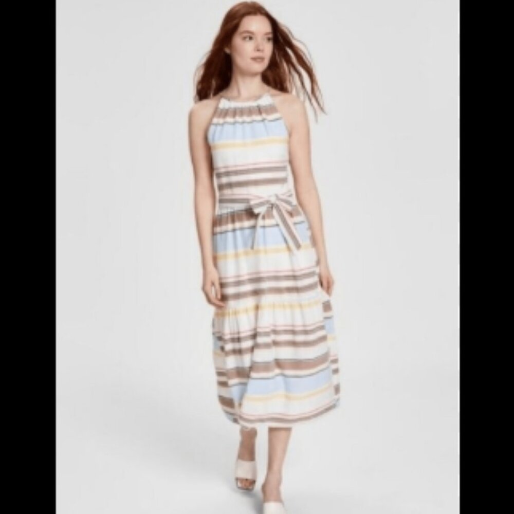 Brand New Women's DKNY Cotton Halter-Neck Midi Belted Dress